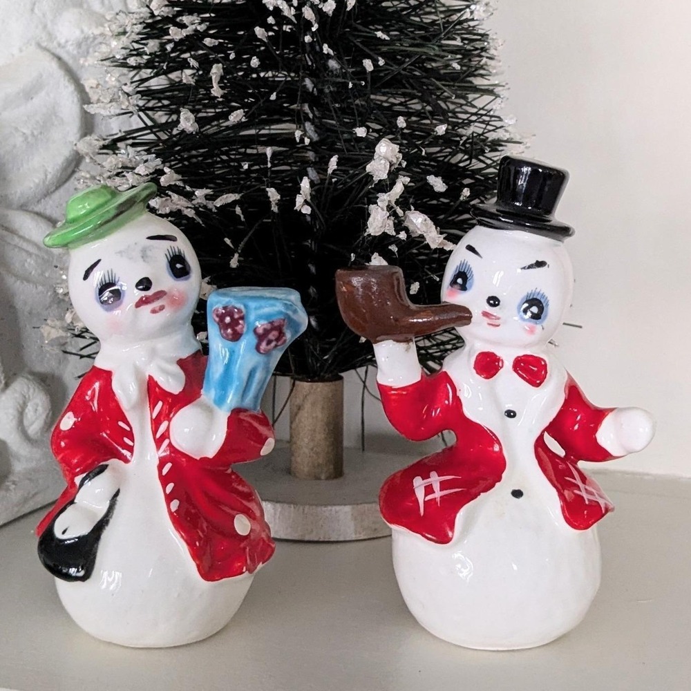 Rare Vintage Artmark Ceramic Snowman Couple Salt Pepper Shakers Japan HH Era